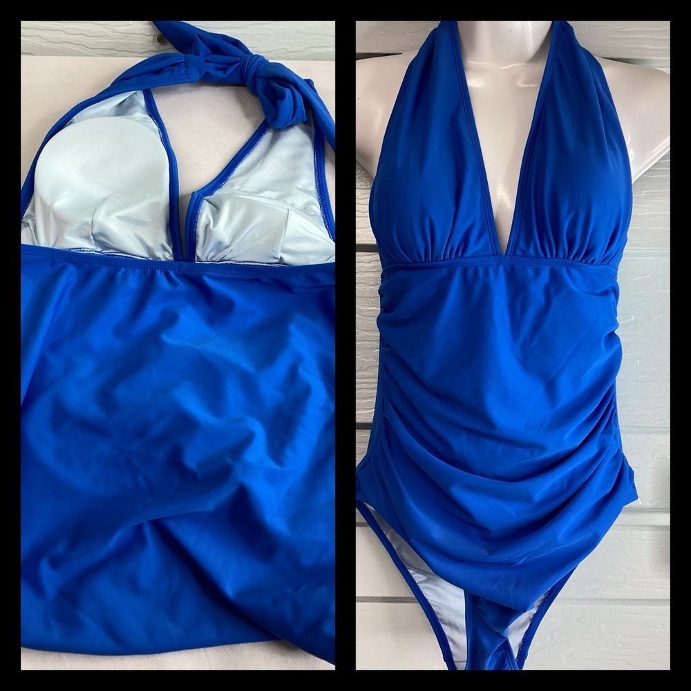 Royal blue halter top one piece swimsuit. - Picture 3 of 4